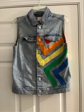 Rainbow Chevron Denim Vest - Multicolor, Size Small